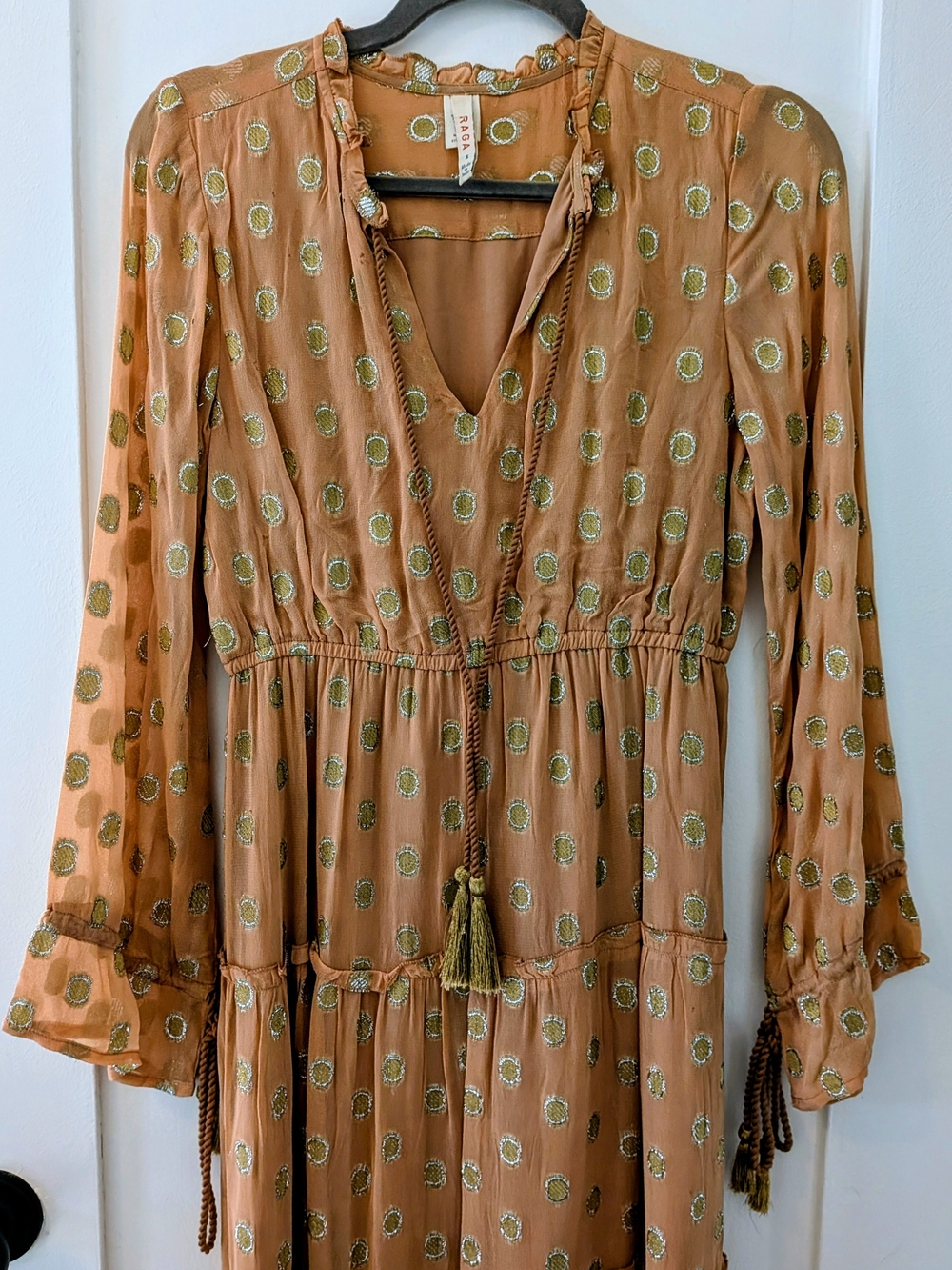 RAGA Rust Long-Sleeve Maxi Dress with Metallic Dot Detail